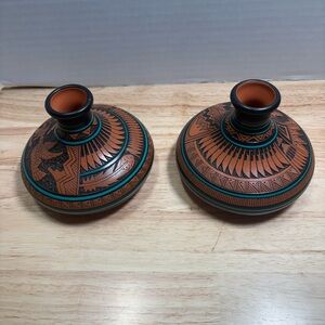 Handcrafted Terracotta Decorative Seed Pots in Brown and Black with Teal Accents